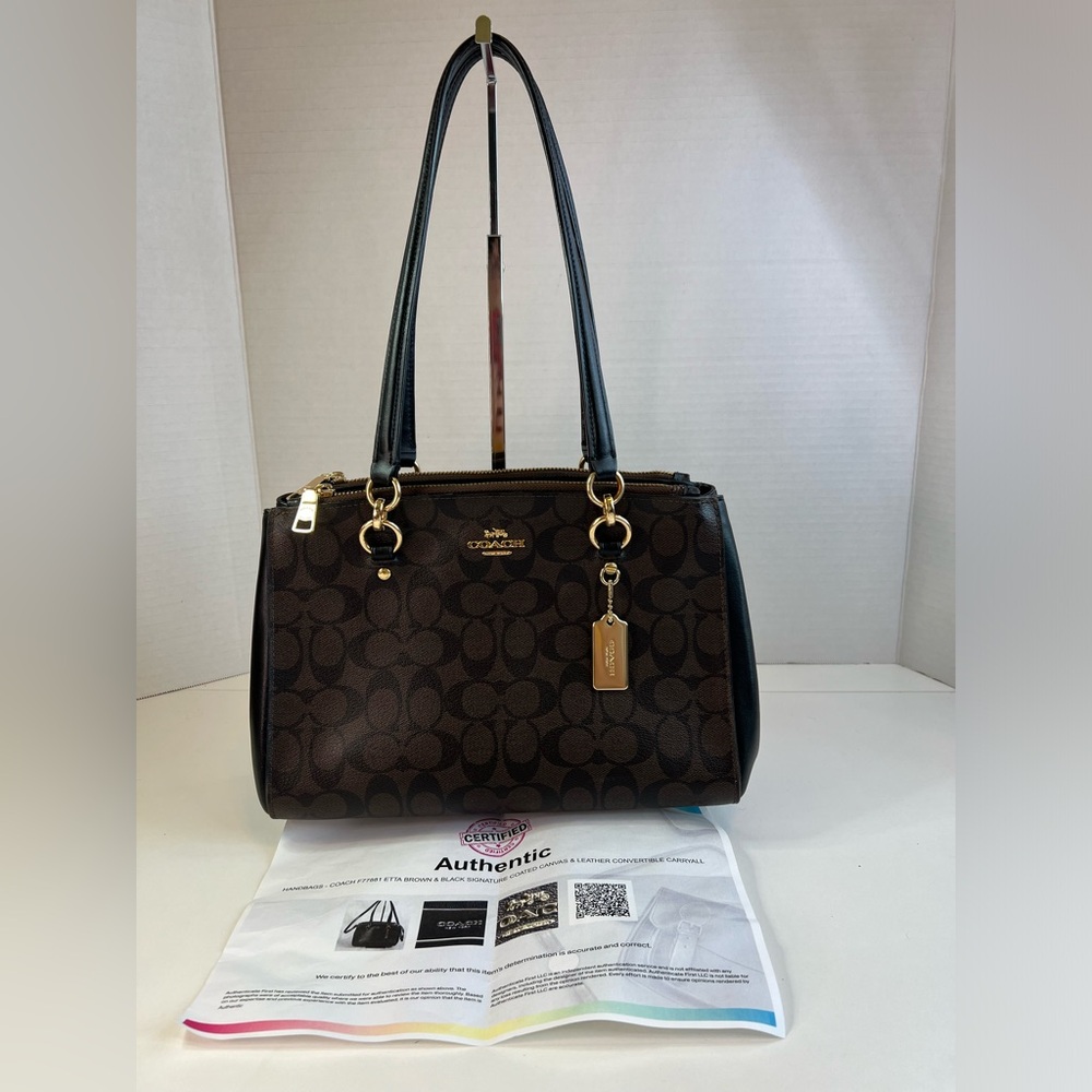 Coach Etta Brown & Black Signature Coated Canvas & Leather Carryall W/COA - Picture 3 of 14